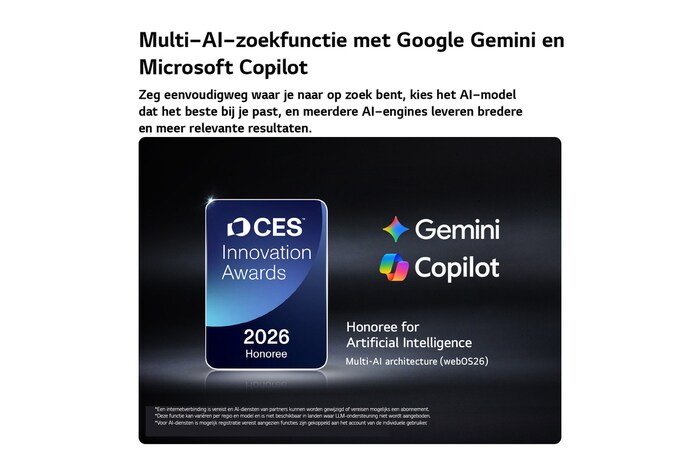 De CES Innovation Awards 2026-badge met eervolle vermelding in de categorie Kunstmatige Intelligentie erkent Multi-AI-zoekopdrachten met Google Gemini en Microsoft Copilot.